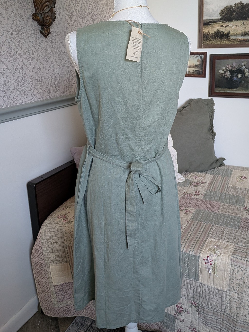 Nwt Grae Cove Sage Green Linen Cotton Tie Waist Dress S — image 3 of 8